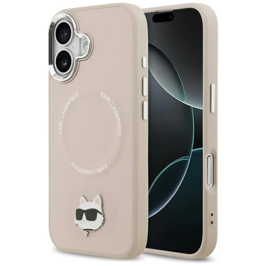 Калъф за iPhone 17 - Karl Lagerfeld - Leather Choupette Pin MagSafe (KLHMP17SPSMLRCHP) - Розов