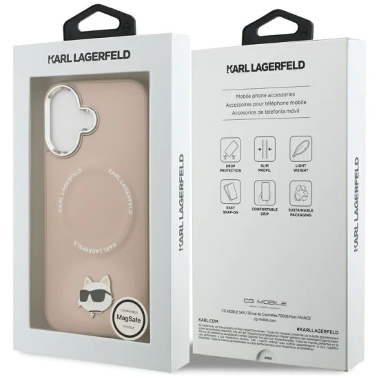 Калъф за iPhone 17 - Karl Lagerfeld - Leather Choupette Pin MagSafe (KLHMP17SPSMLRCHP) - Розов
