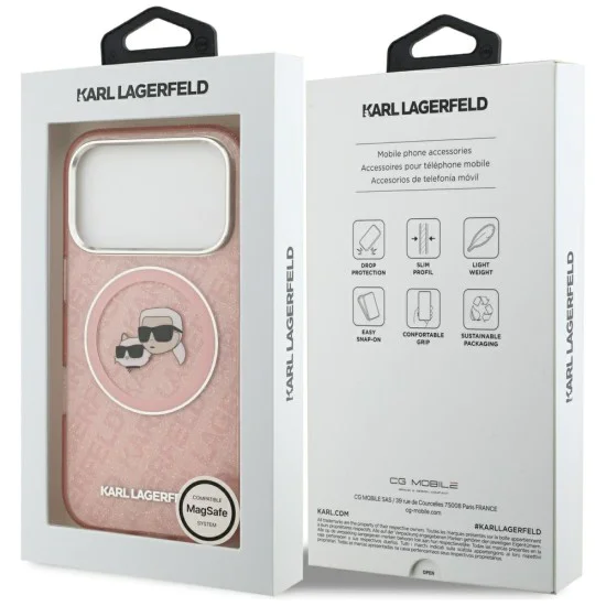 Калъф за iPhone 17 Pro - Karl Lagerfeld - IML Glitter K&C Heads Logo MagSafe (KLHMP17LHMKBKCHOP) - Розов
