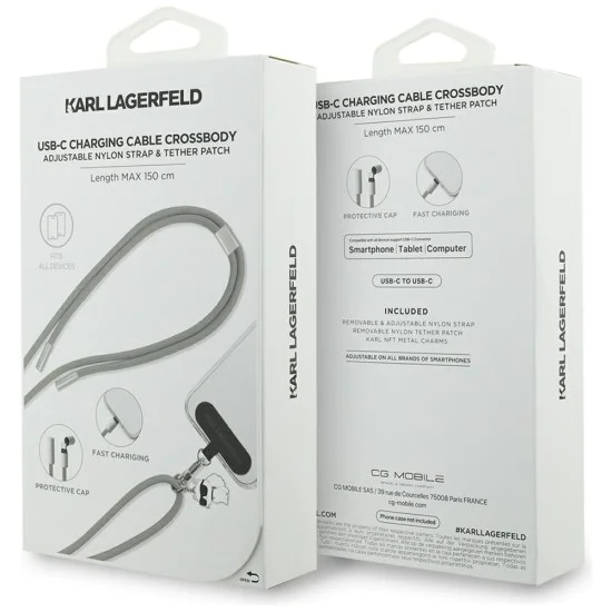 Karl Lagerfeld - Кабел за данни Choupette Charm (KLCCUCNMSCKIG) - Type-C към Type-C, Универсален - Сив