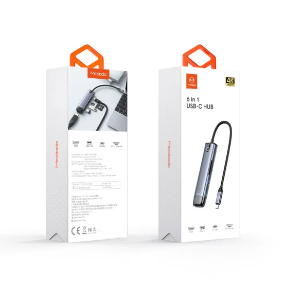 Хъб Mcdodo (HU-7740) - 6в1, 2x USB3.0, Type-C PD100W, HDMI 4K, Слот за SD/TF карти, 5Gbps, 2TB, Type-C кабел - Сив