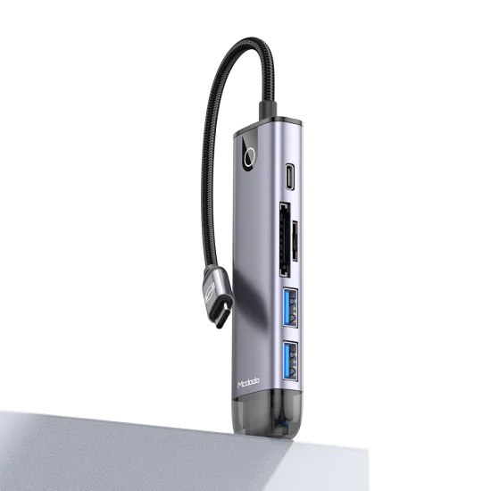 Хъб Mcdodo (HU-7740) - 6в1, 2x USB3.0, Type-C PD100W, HDMI 4K, Слот за SD/TF карти, 5Gbps, 2TB, Type-C кабел - Сив
