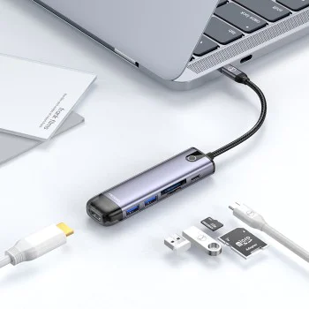 Хъб Mcdodo (HU-7740) - 6в1, 2x USB3.0, Type-C PD100W, HDMI 4K, Слот за SD/TF карти, 5Gbps, 2TB, Type-C кабел - Сив