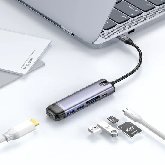 Хъб Mcdodo (HU-7740) - 6в1, 2x USB3.0, Type-C PD100W, HDMI 4K, Слот за SD/TF карти, 5Gbps, 2TB, Type-C кабел - Сив