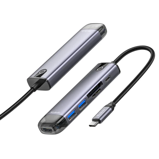 Хъб Mcdodo (HU-7740) - 6в1, 2x USB3.0, Type-C PD100W, HDMI 4K, Слот за SD/TF карти, 5Gbps, 2TB, Type-C кабел - Сив