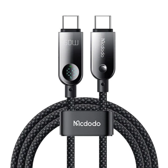 Кабел за данни – Mcdodo (CA-4780) – Type-C → Type-C, PD60W, вграден LED дисплей, ABS + найлон, 1.2m – Черен