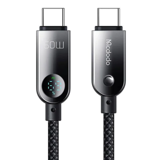 Кабел за данни – Mcdodo (CA-4780) – Type-C → Type-C, PD60W, вграден LED дисплей, ABS + найлон, 1.2m – Черен