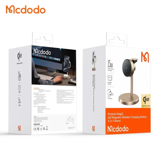 Станция за безжично зареждане – Mcdodo Black Swan (CH-2463) – MagSafe, Qi2, iPhone/iWatch/Earbuds, 22.5W – Златен