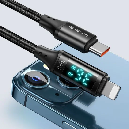 Кабел за данни – Mcdodo (CA-1030) – Type-C → Lightning, цифров дисплей, найлон оплетка, алуминий, 36W, 1.2m – Черен
