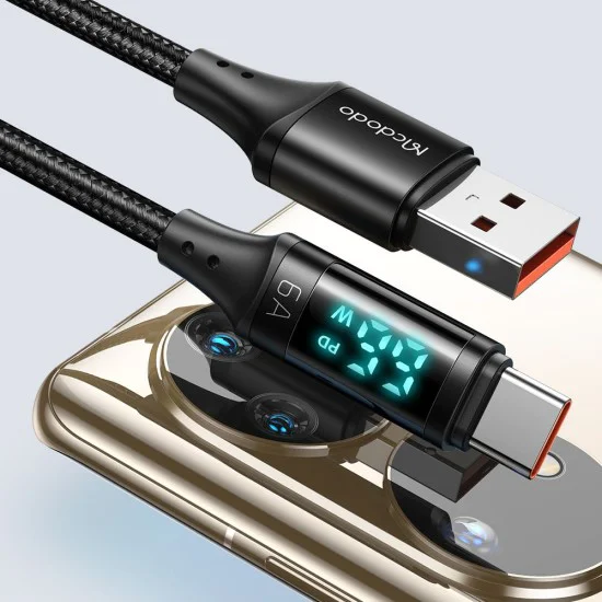 Кабел за данни – Mcdodo (CA-1080) – USB 2.0 → Type-C, цифров дисплей, найлон оплетка, алуминий, 6A, 1.2m – Черен