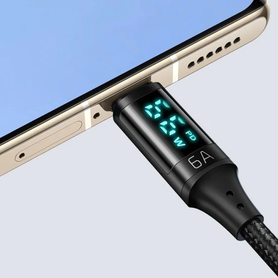 Кабел за данни – Mcdodo (CA-1080) – USB 2.0 → Type-C, цифров дисплей, найлон оплетка, алуминий, 6A, 1.2m – Черен