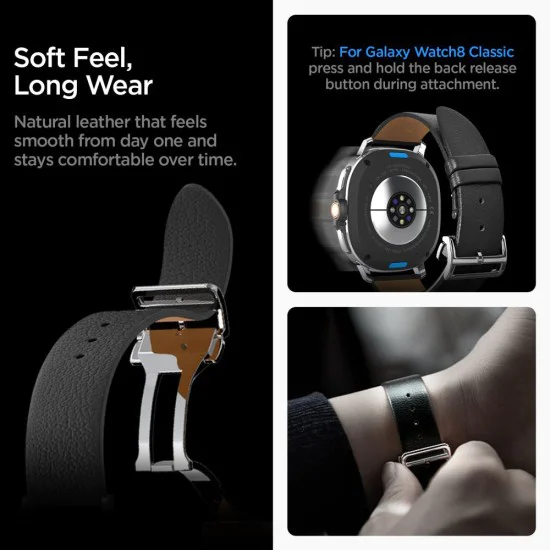 Каишка за Samsung Galaxy Watch8 40mm/Watch8 44mm/Watch8 Classic, Естествена козя кожа - Spigen - Enzo - Черен