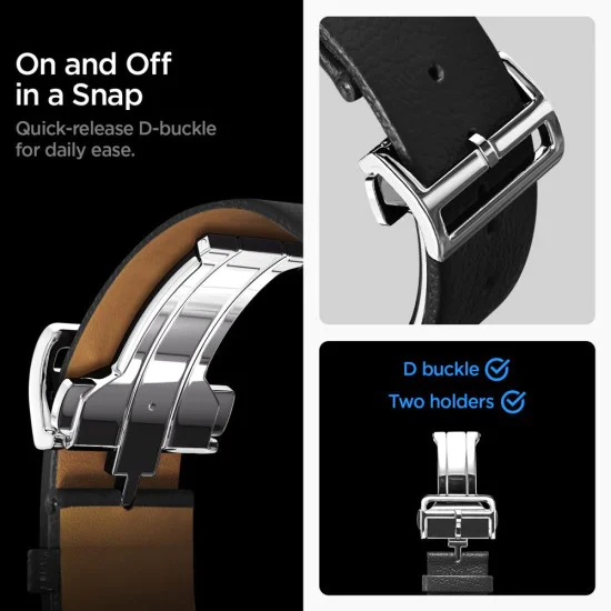 Каишка за Samsung Galaxy Watch8 40mm/Watch8 44mm/Watch8 Classic, Естествена козя кожа - Spigen - Enzo - Черен