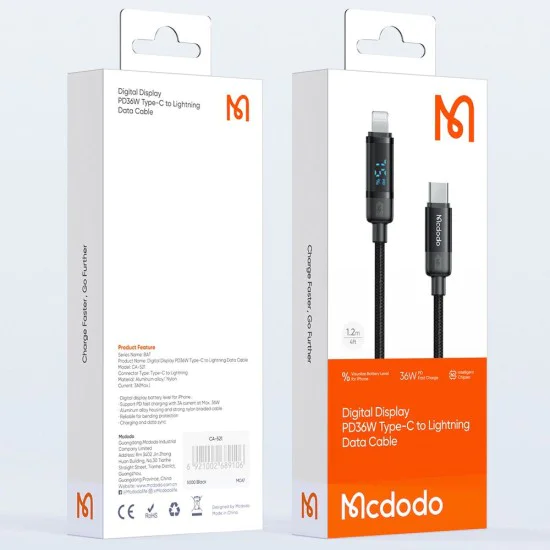 Кабел BAT Series – Mcdodo (CA-5210) – USB-C → Lightning, 36W, цифров дисплей, 1.2m – Черен
