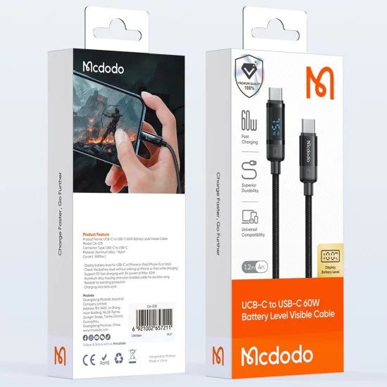 Кабел BAT Series – Mcdodo (CA-5780) – USB-C → USB-C, 60W, цифров дисплей, 1.2m – Черен