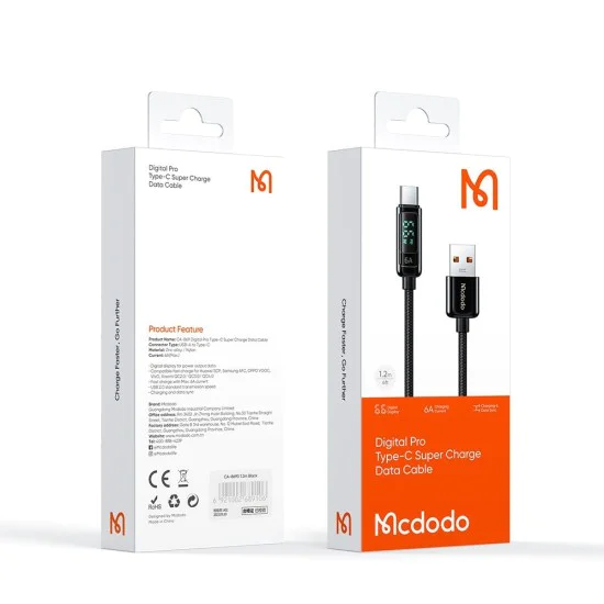Кабел – Mcdodo (CA-8690) – USB-A → USB-C, 6A, цифров дисплей, 1.2m – Черен