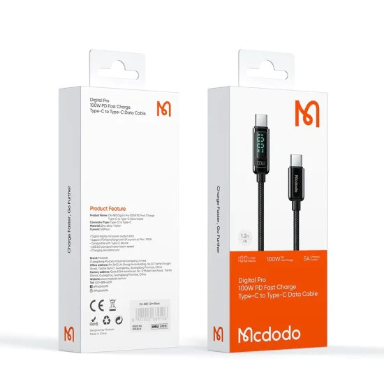 Кабел – Mcdodo (CA-8820) – USB-C → USB-C, 100W, цифров дисплей, 1.2m – Черен