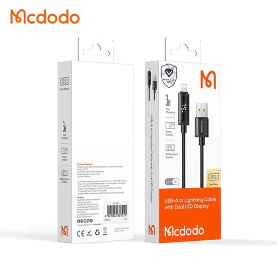 Кабел за данни – Mcdodo (CA-7970) – USB-A → Lightning, двоен LED дисплей, 3A, 1.2m – Черен