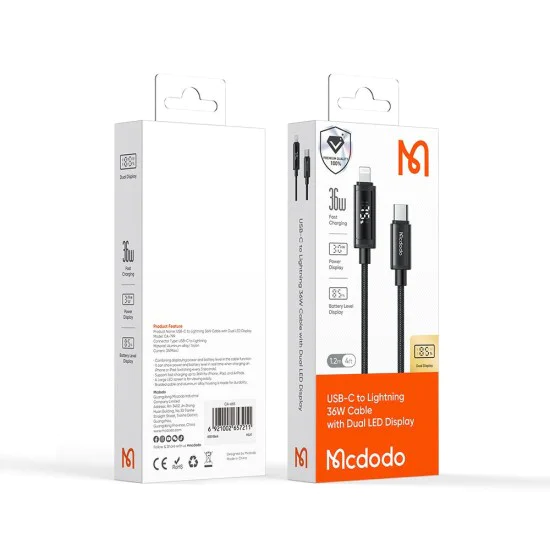 Кабел за данни – Mcdodo (CA-7990) – USB-C → Lightning, двоен LED дисплей, 36W, бързо зареждане, 1.2m – Черен