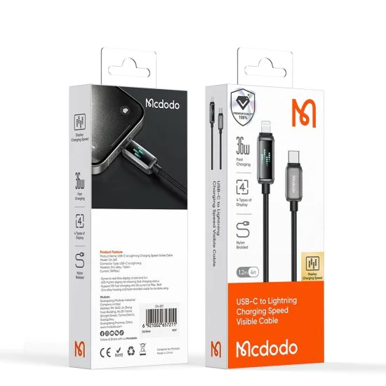 Кабел за данни – Mcdodo (CA-2630) – USB-C → Lightning, 36W, LED дисплей, PD бързо зареждане, 1.2m – Черен