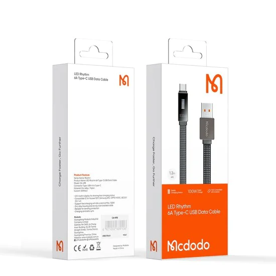 Кабел Rythm Series – Mcdodo (CA-4980) – USB-A → Type-C, 6A, LED дисплей, бързо зареждане, 1.2m – Черен