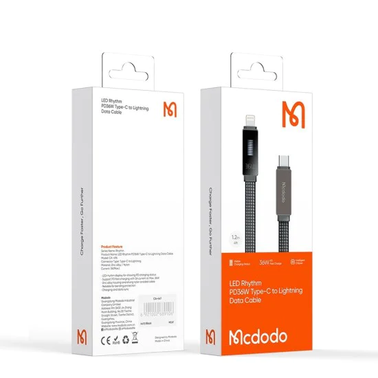 Кабел Rythm Series – Mcdodo (CA-4960) – Type-C → Lightning, 36W, LED дисплей, бързо зареждане, 1.2m – Черен