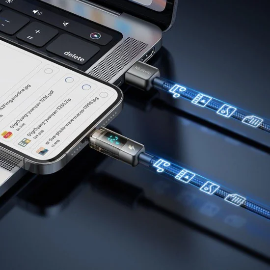 Кабел за данни – Mcdodo (CA-3620) – USB-A → Lightning, 3A, цифров дисплей, Auto Power Off, прозрачен дизайн, 1.2m – Черен