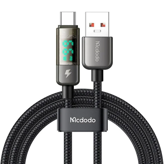 Кабел за данни – Mcdodo (CA-3630) – Type-C → USB-A, 6A, цифров дисплей, Auto Power Off, прозрачен дизайн, 1.2m – Черен