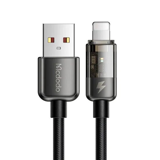 Кабел за данни – Mcdodo (CA-3140) – USB-A → Lightning, 3A, прозрачен дизайн, Auto Power Off, 1.2m – Черен