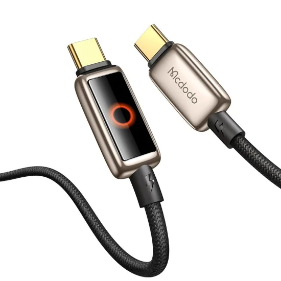 Кабел за данни – Mcdodo (CA-6681) – с дишаща LED светлина, USB-C → USB-C, Auto Power Off, 100W, 1.2m – Desert Gold