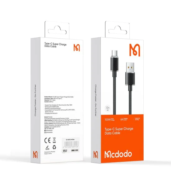 Кабел за данни – Mcdodo (CA-3650) – Type-C → USB-A, прозрачен дизайн, 100W, 1.2m – Черен