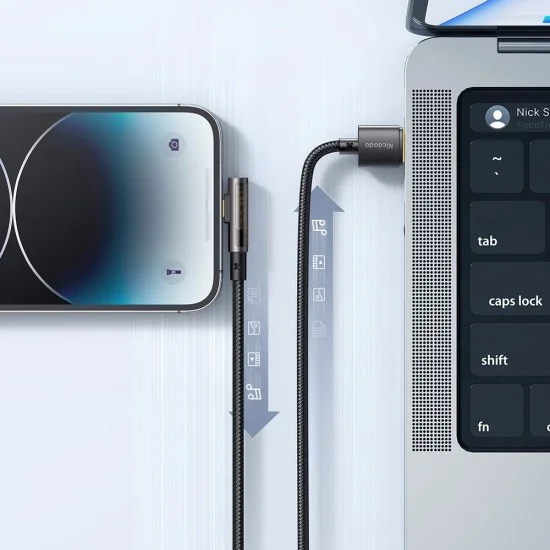 Кабел за данни – Mcdodo (CA-3510) – USB-A → Lightning, 90° дизайн, 3A, прозрачен дизайн, 1.2m – Черен