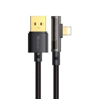 Кабел за данни – Mcdodo (CA-3510) – USB-A → Lightning, 90° дизайн, 3A, прозрачен дизайн, 1.2m – Черен