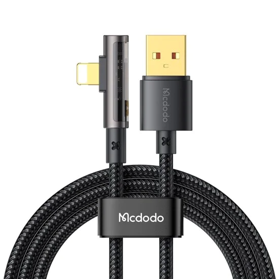 Кабел за данни – Mcdodo (CA-3510) – USB-A → Lightning, 90° дизайн, 3A, прозрачен дизайн, 1.2m – Черен