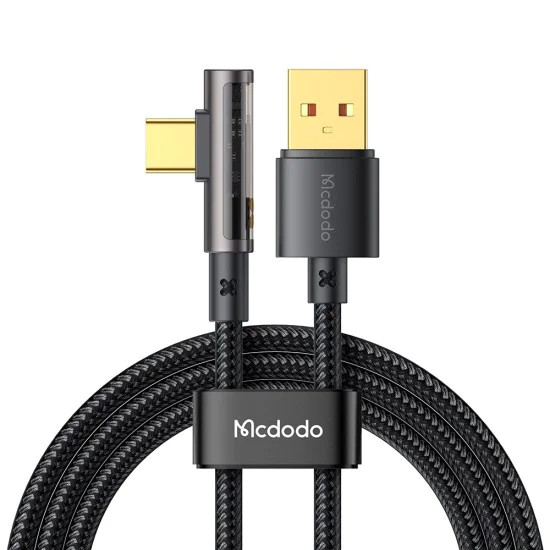 Кабел за данни – Mcdodo (CA-3380) – USB-C → USB-A, 90° дизайн, 6A, прозрачен дизайн, 1.2m – Черен