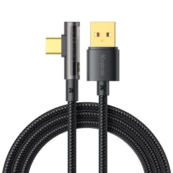 Кабел за данни – Mcdodo (CA-3380) – USB-C → USB-A, 90° дизайн, 6A, прозрачен дизайн, 1.2m – Черен
