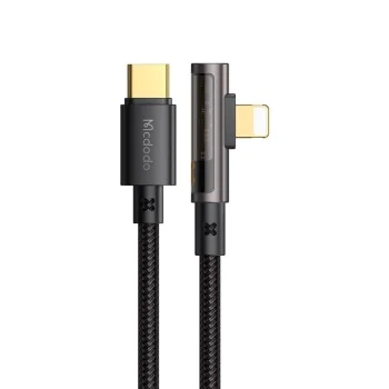 Кабел за данни – Mcdodo (CA-3390) – USB-C → Lightning, 90° дизайн, 36W, прозрачен дизайн, 1.2m – Черен