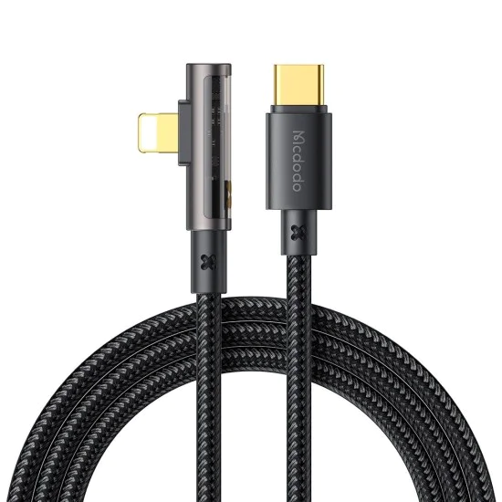 Кабел за данни – Mcdodo (CA-3390) – USB-C → Lightning, 90° дизайн, 36W, прозрачен дизайн, 1.2m – Черен