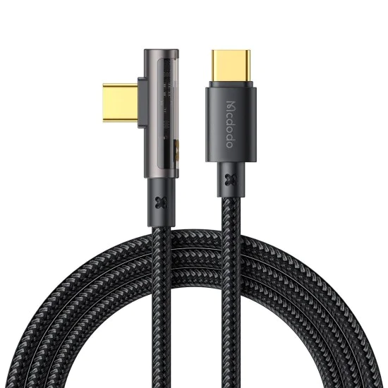 Кабел за данни – Mcdodo (CA-3400) – USB-C → USB-C, 90° дизайн, 100W, прозрачен дизайн, 5A, 1.2m – Черен