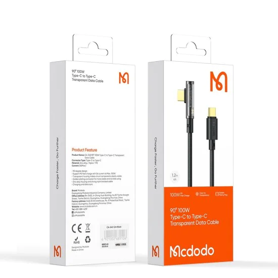 Кабел за данни – Mcdodo (CA-3400) – USB-C → USB-C, 90° дизайн, 100W, прозрачен дизайн, 5A, 1.2m – Черен