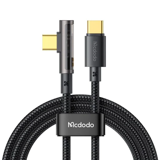 Кабел за данни – Mcdodo (CA-3400) – USB-C → USB-C, 90° дизайн, 100W, прозрачен дизайн, 5A, 1.2m – Черен