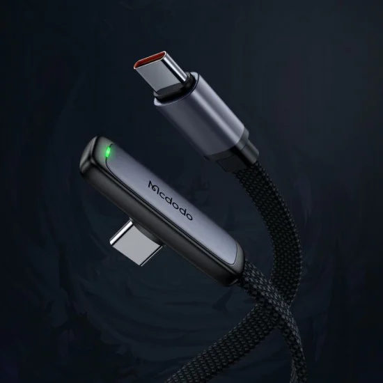 Кабел за данни – Mcdodo (CA-3360) – USB-C → USB-C, 90° дизайн, 65W, LED индикатор, 1.2m – Черен