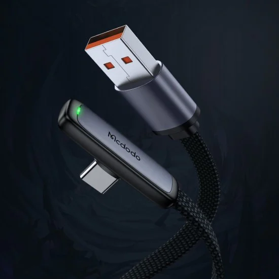 Кабел за данни – Mcdodo (CA-3340) – USB-C → USB-A, 90° дизайн, 100W, LED индикатор, 1.2m – Черен