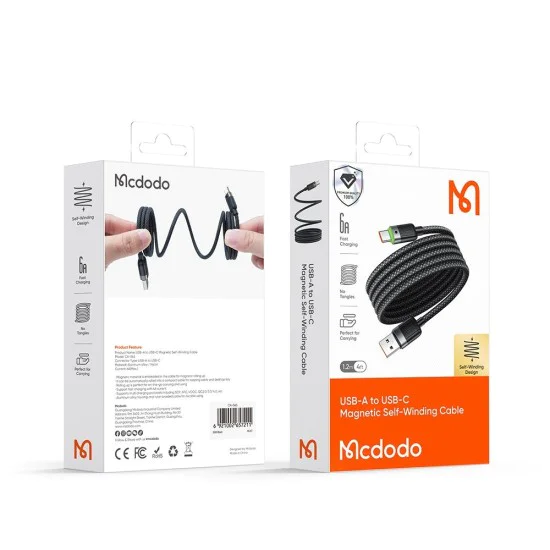 Кабел Self-Winding Series – Mcdodo (CA-5650) – USB-A → USB-C, 6A, 1.2m – Черен
