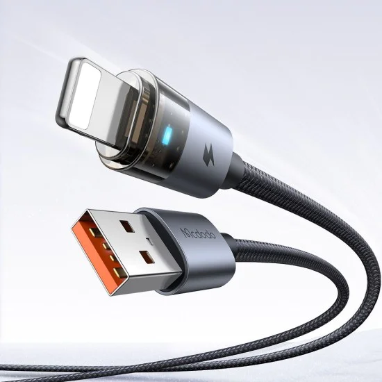 Кабел за данни – Mcdodo (CA-6910) – със светлина при зареждане, USB-A → Lightning, прозрачен кабел, 3A, 1.2m – Черен