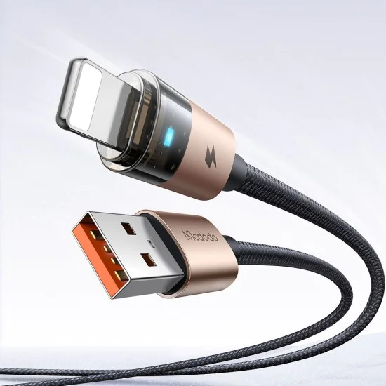 Кабел за данни – Mcdodo (CA-6911) – със светлина при зареждане, USB-A → Lightning, прозрачен кабел, 3A, 1.2m – Desert Gold