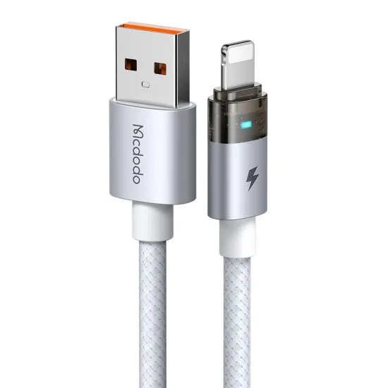 Кабел за данни – Mcdodo (CA-6912) – със светлина при зареждане, USB-A → Lightning, прозрачен кабел, 3A, 1.2m – Бял