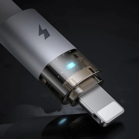 Кабел за данни – Mcdodo (CA-6912) – със светлина при зареждане, USB-A → Lightning, прозрачен кабел, 3A, 1.2m – Бял