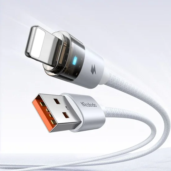 Кабел за данни – Mcdodo (CA-6912) – със светлина при зареждане, USB-A → Lightning, прозрачен кабел, 3A, 1.2m – Бял