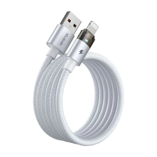 Кабел за данни – Mcdodo (CA-6912) – със светлина при зареждане, USB-A → Lightning, прозрачен кабел, 3A, 1.2m – Бял